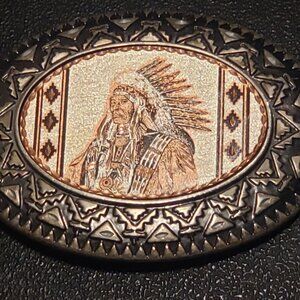 Native American Indian Chief Copper & Silver Tone Belt Buckle - Vintage